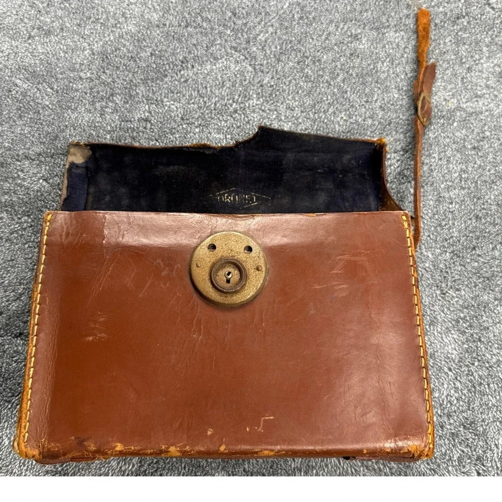 Vintage Coronet Brown Leather Camera Case Antique Hard Shell Bag Brass Lock